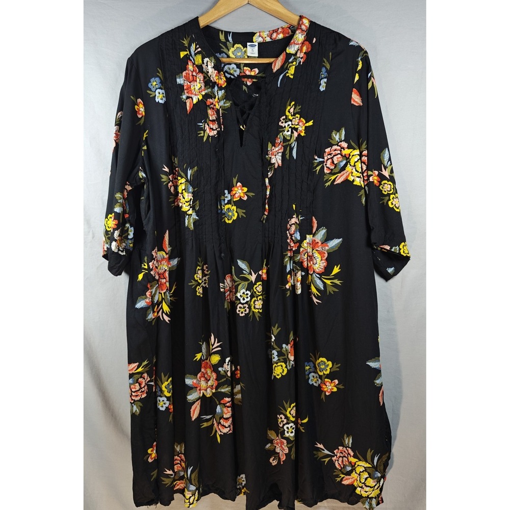 Old Navy Black Floral Lace-Up‎ Tunic Dress 3/4 Sleeve Pintuck Front V Neck XL